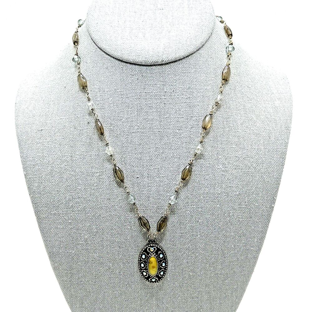 1928 Brand Yellow Amulet Pendant Necklace Victorian Revival Style Faux Amber 19"